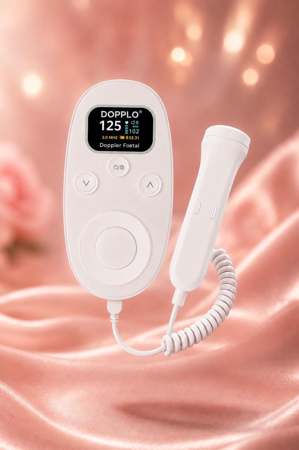Doppler fœtal DOPPLO® : appareil et sonde sur fond rose
