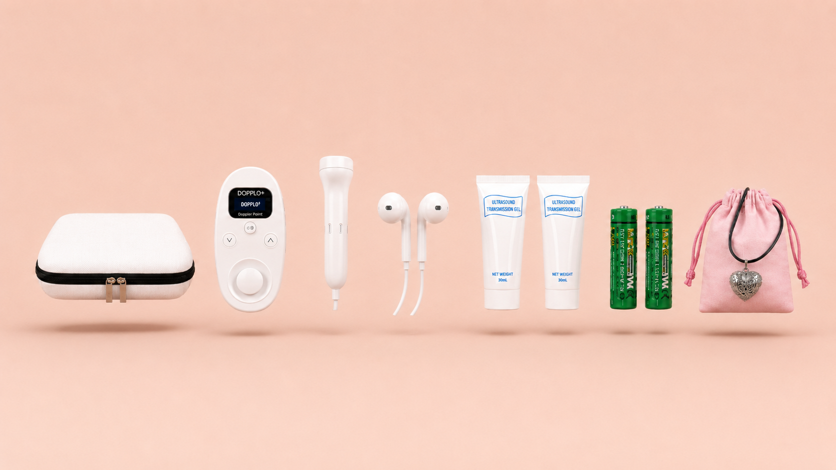 Contenu complet du coffret DOPPLO® : étui rigide, doppler fœtal, sonde, écouteurs, 2 tubes de gel (60 ml au total), 2 piles AA et bola de grossesse offert