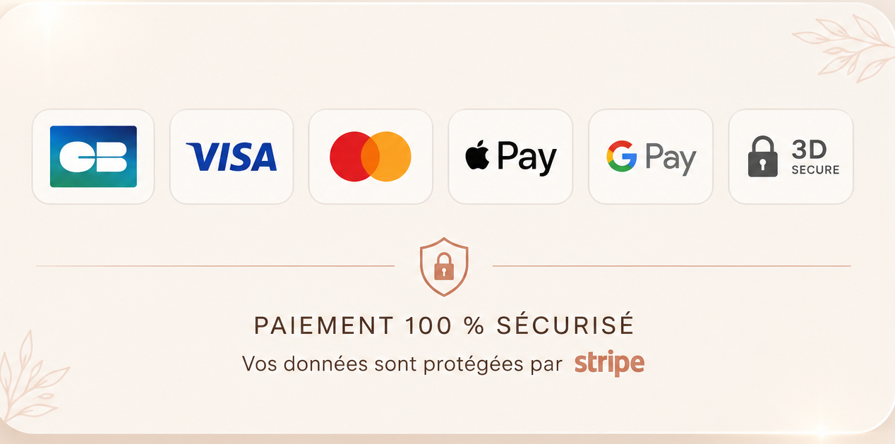 Paiement 100 % sécurisé : CB, Visa, Mastercard, Apple Pay, Google Pay, 3D Secure — données protégées par Stripe