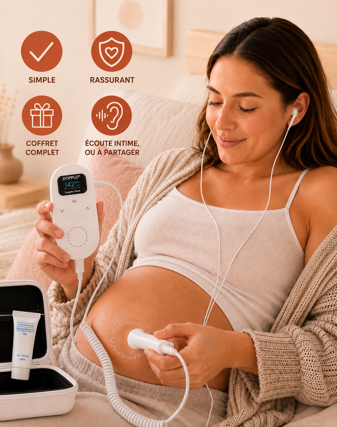 Écoute du cœur de bébé avec DOPPLO® : simple, rassurant, coffret complet