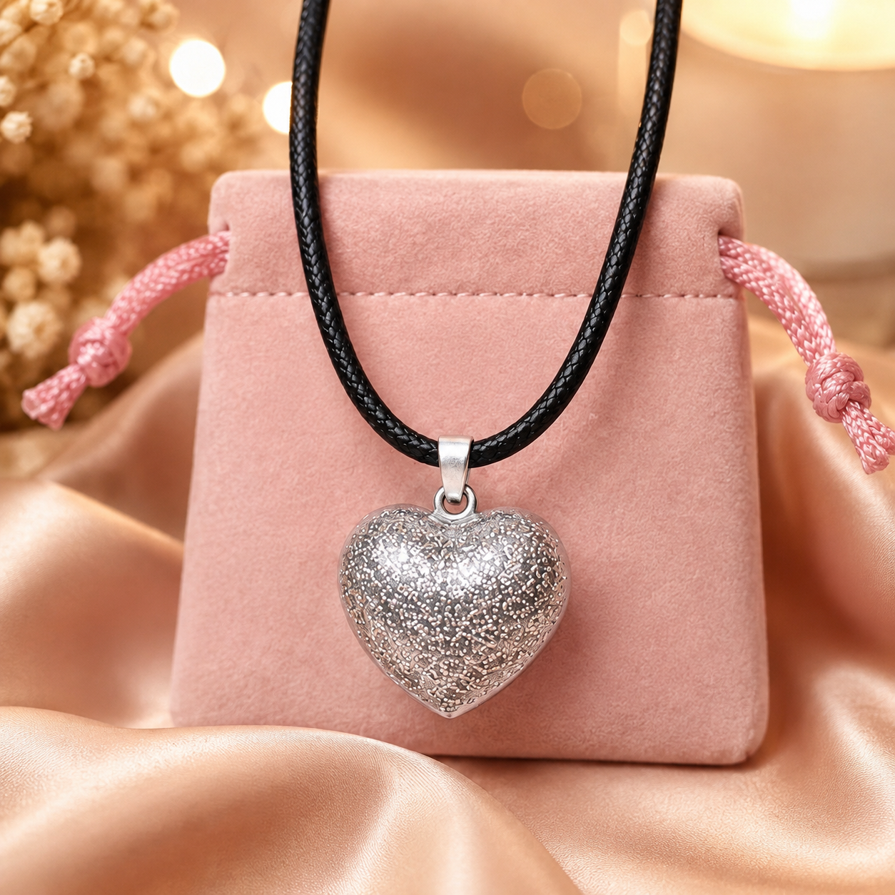 Bola de grossesse en forme de cœur argenté suspendu à un cordon noir, présenté sur un pochon rose posé sur satin champagne, offert dans le coffret DOPPLO®