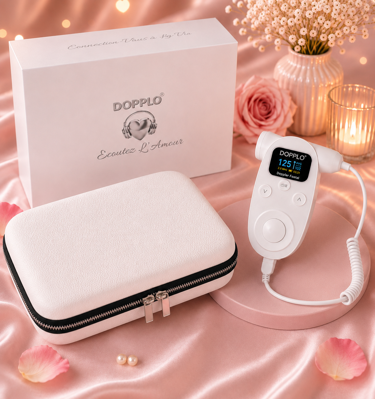 Coffret DOPPLO® avec son appareil d'écoute prénatale et son étui de rangement